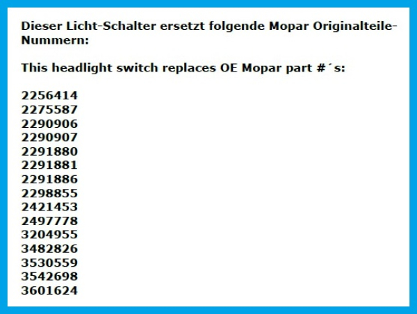 Hauptlicht-Schalter für 1965-66 Dodge Monaco - 8 Pole mit 1-5/8" Rheostat