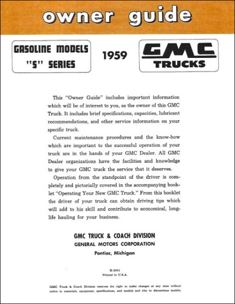 Owners Guide and Data for 1959 GMC Pickup / Truck "S" Series Gasoline Models (English)